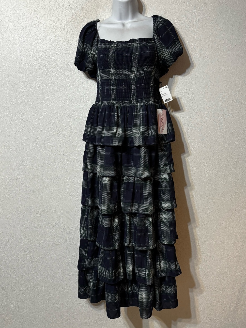 Midnight Doll Plaid Smocked Tiered Midi Dress Large NWT